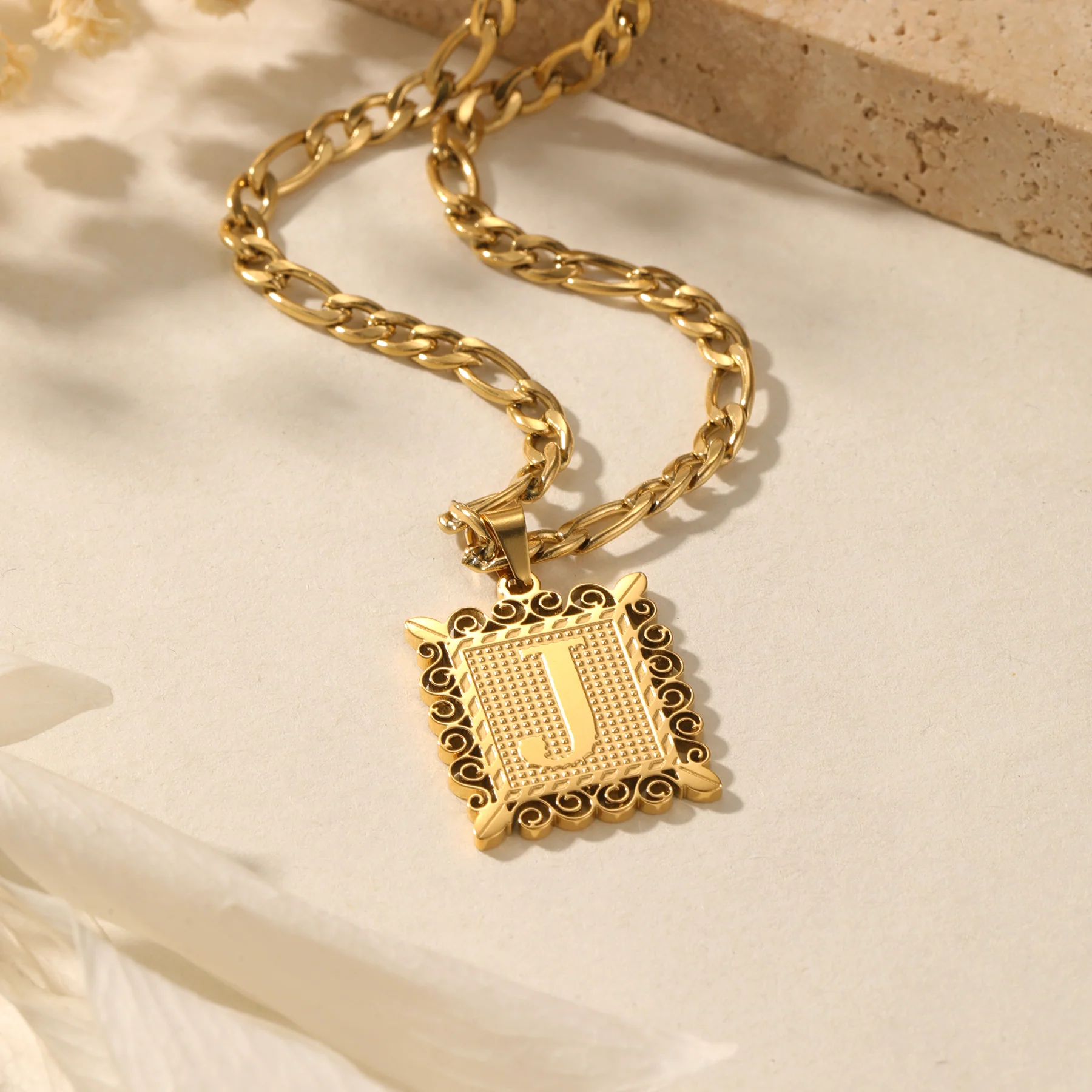 Embossed Initial Necklace w/ Figaro Chain - Image 6