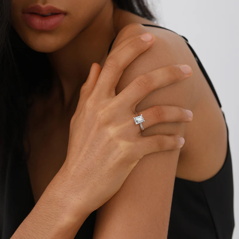 Emerald Cut Moissanite Engagement Ring With Hidden Halo - Image 6