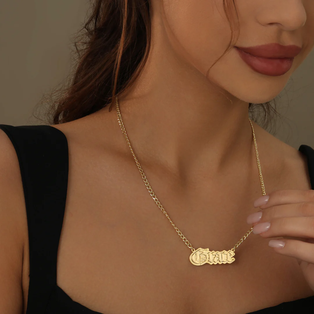 Gothic Outline Name Necklace w/ Cuban Chain - Image 3