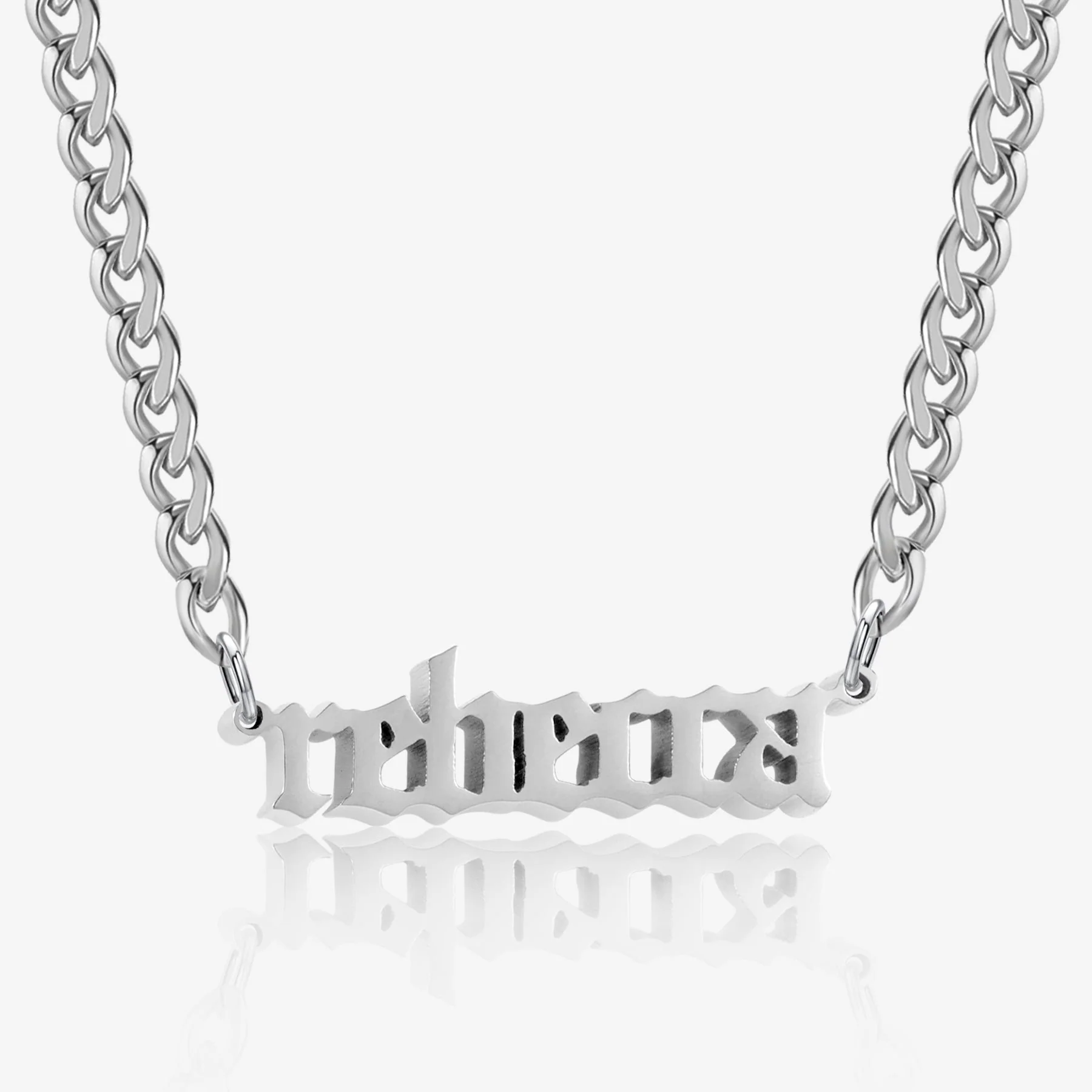 Thick Gothic Nameplate Necklace w/ Cuban Chain - Image 3