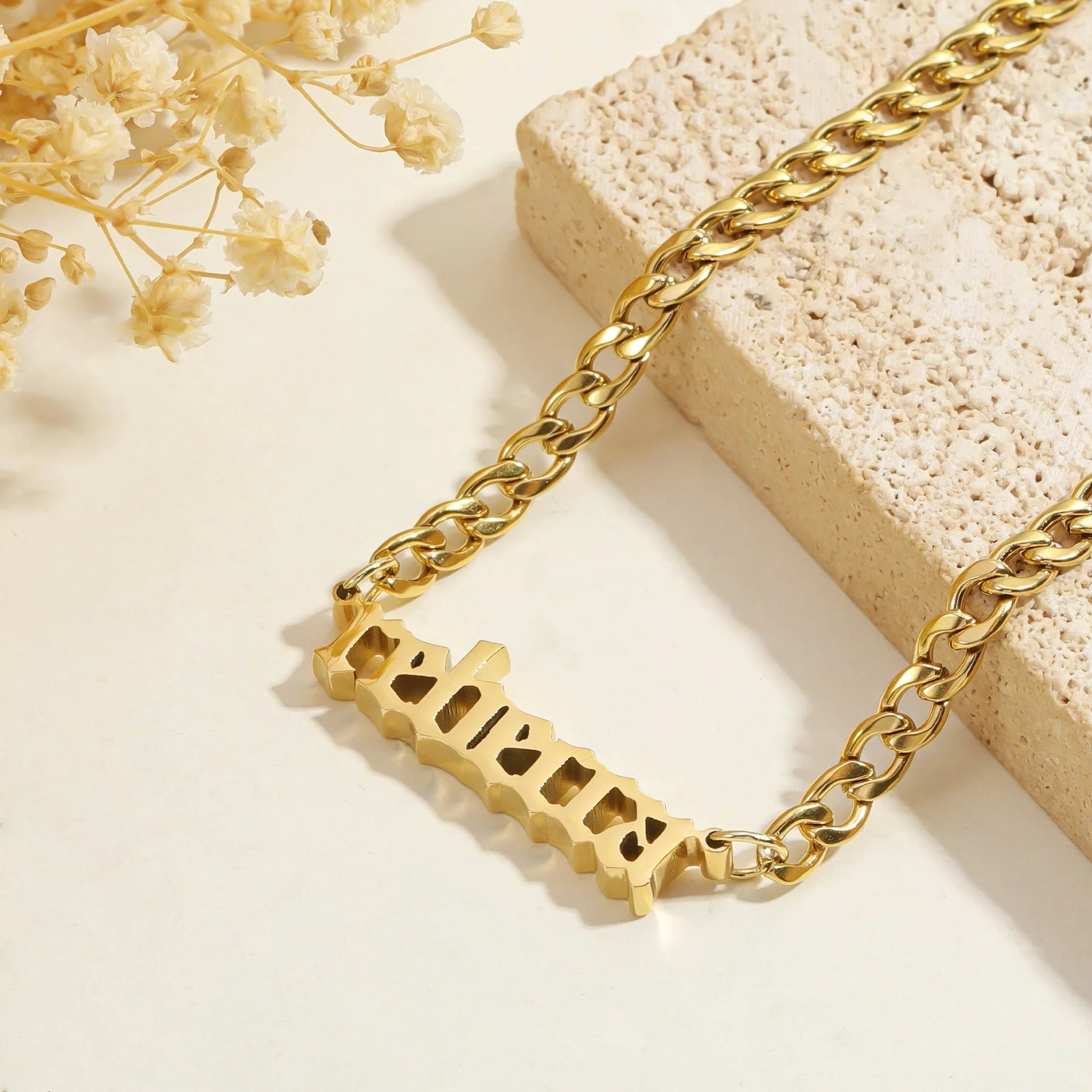 Thick Gothic Nameplate Necklace w/ Cuban Chain - Image 4