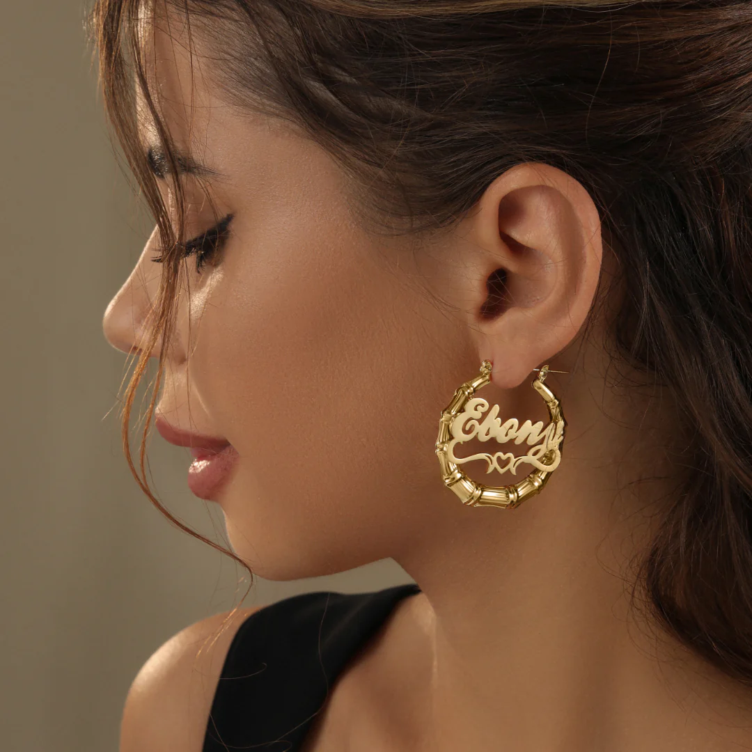 Heart Outline Bamboo Name Hoop Earrings - Image 2