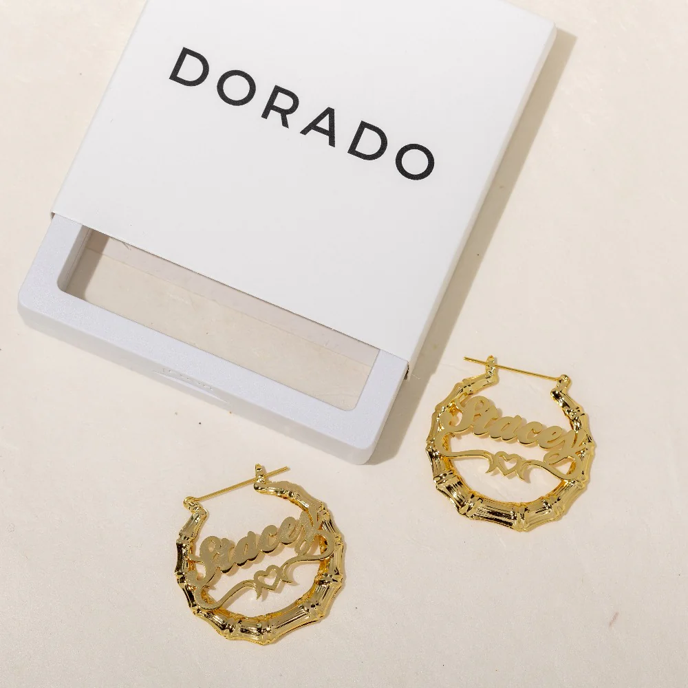Heart Outline Bamboo Name Hoop Earrings - Image 3