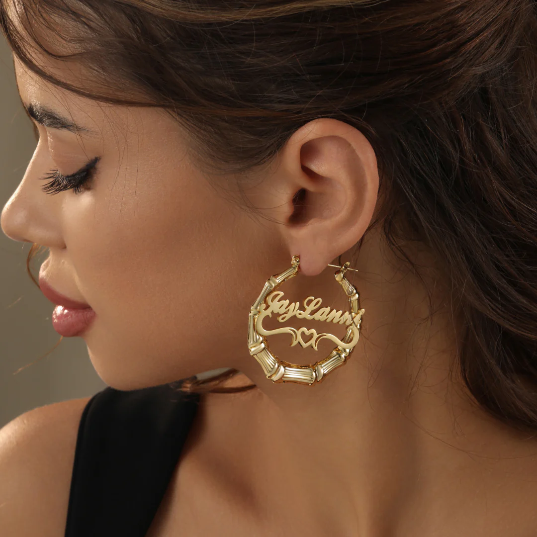 Heart Outline Bamboo Name Hoop Earrings - Image 4