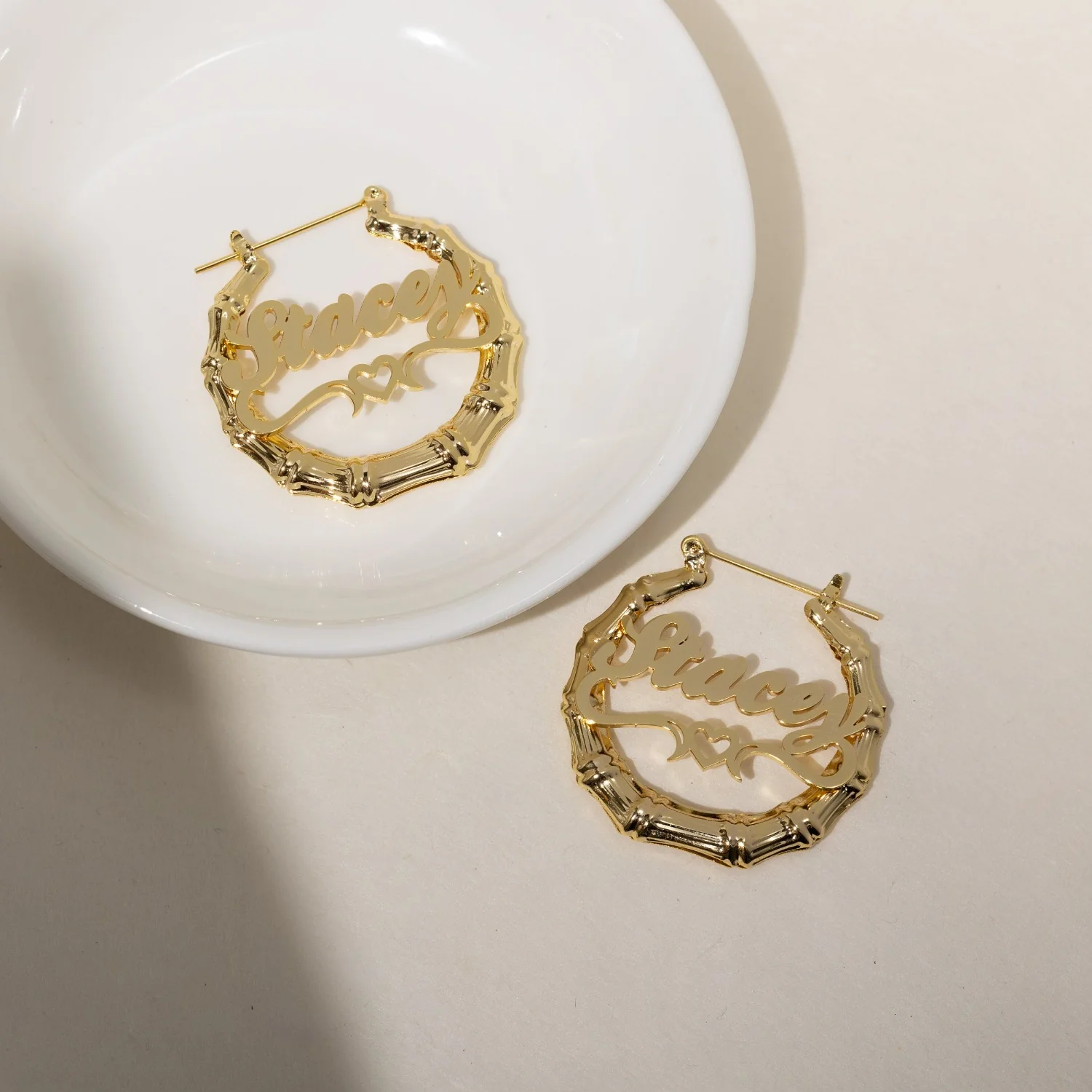 Heart Outline Bamboo Name Hoop Earrings - Image 6