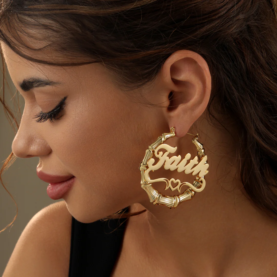 Heart Outline Bamboo Name Hoop Earrings - Image 7