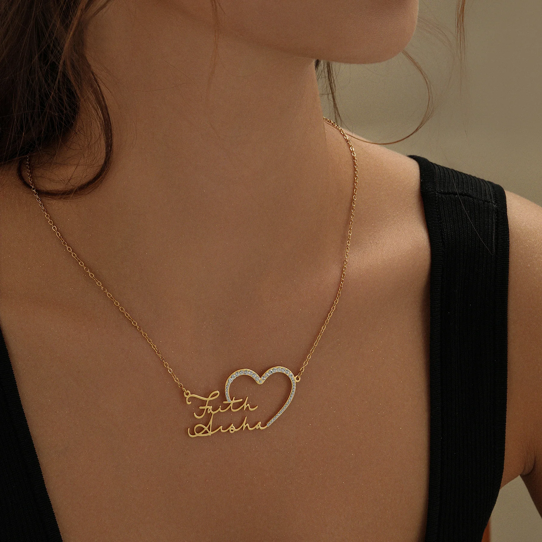 Iced Heart Double Script Name Necklace - Image 2