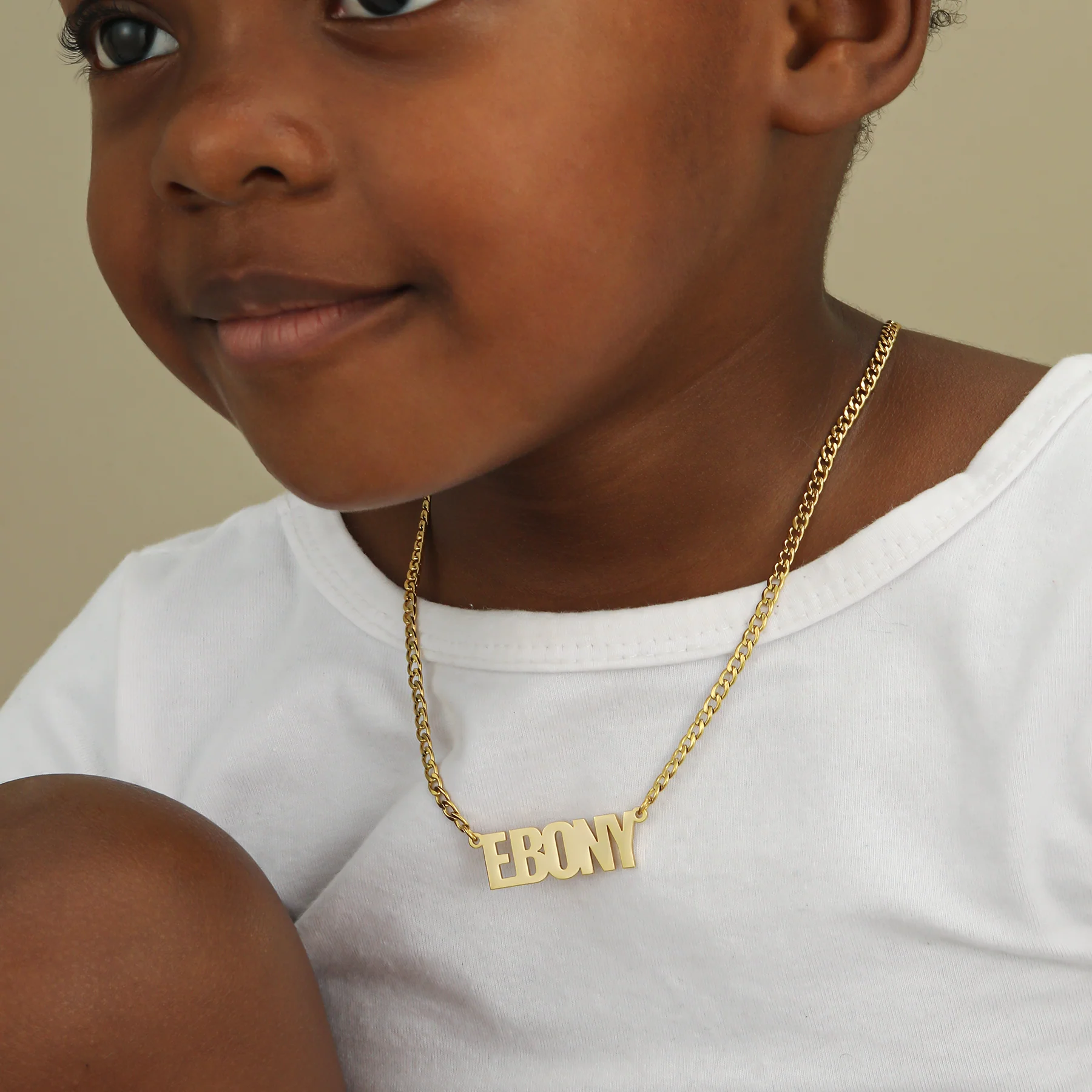 Kids Block Name Necklace w/ Cuban Chain - Image 2