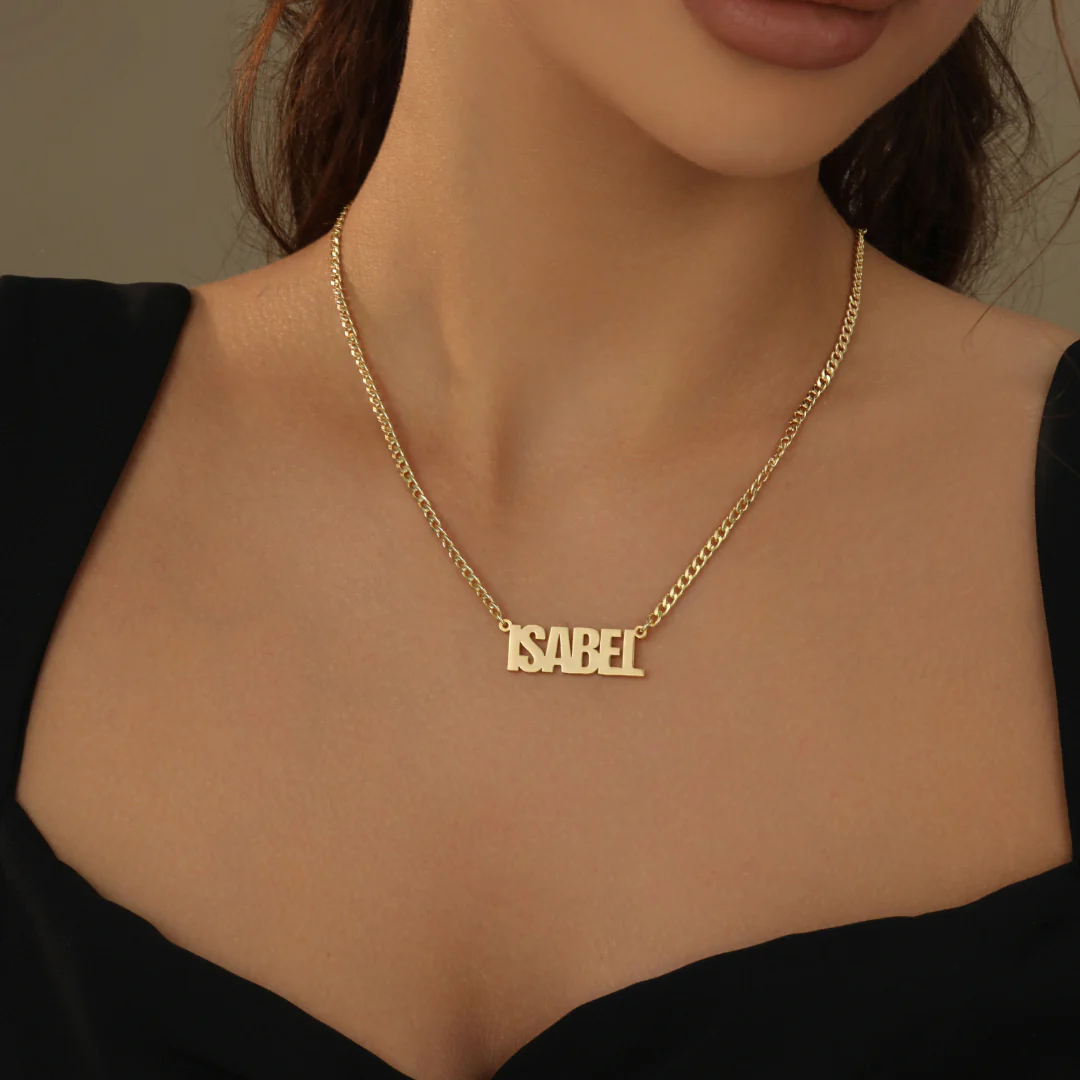 Kids Block Name Necklace w/ Cuban Chain - Image 4
