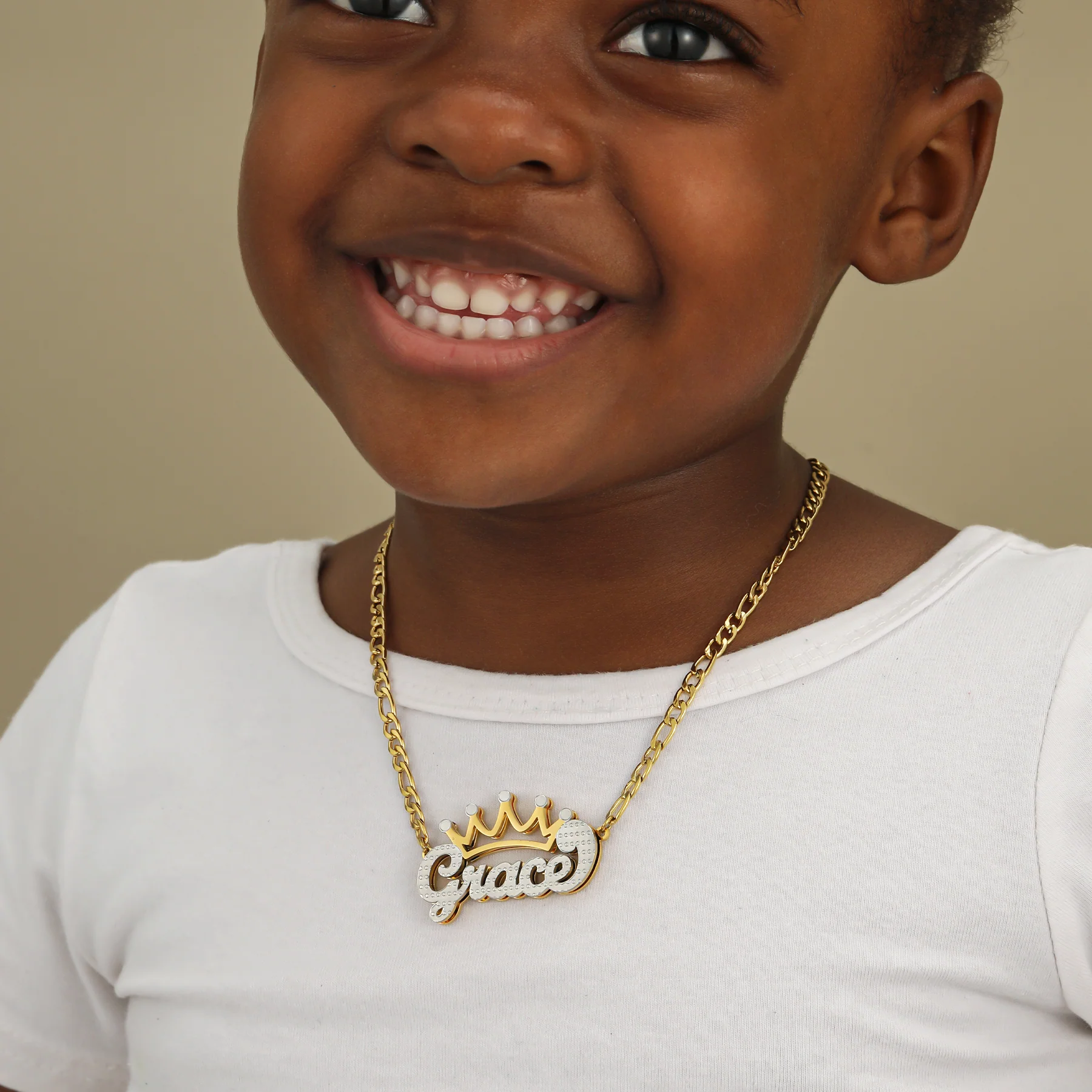 Kids Double Plated Crown Name Necklace w/ Figaro Chain - Image 2