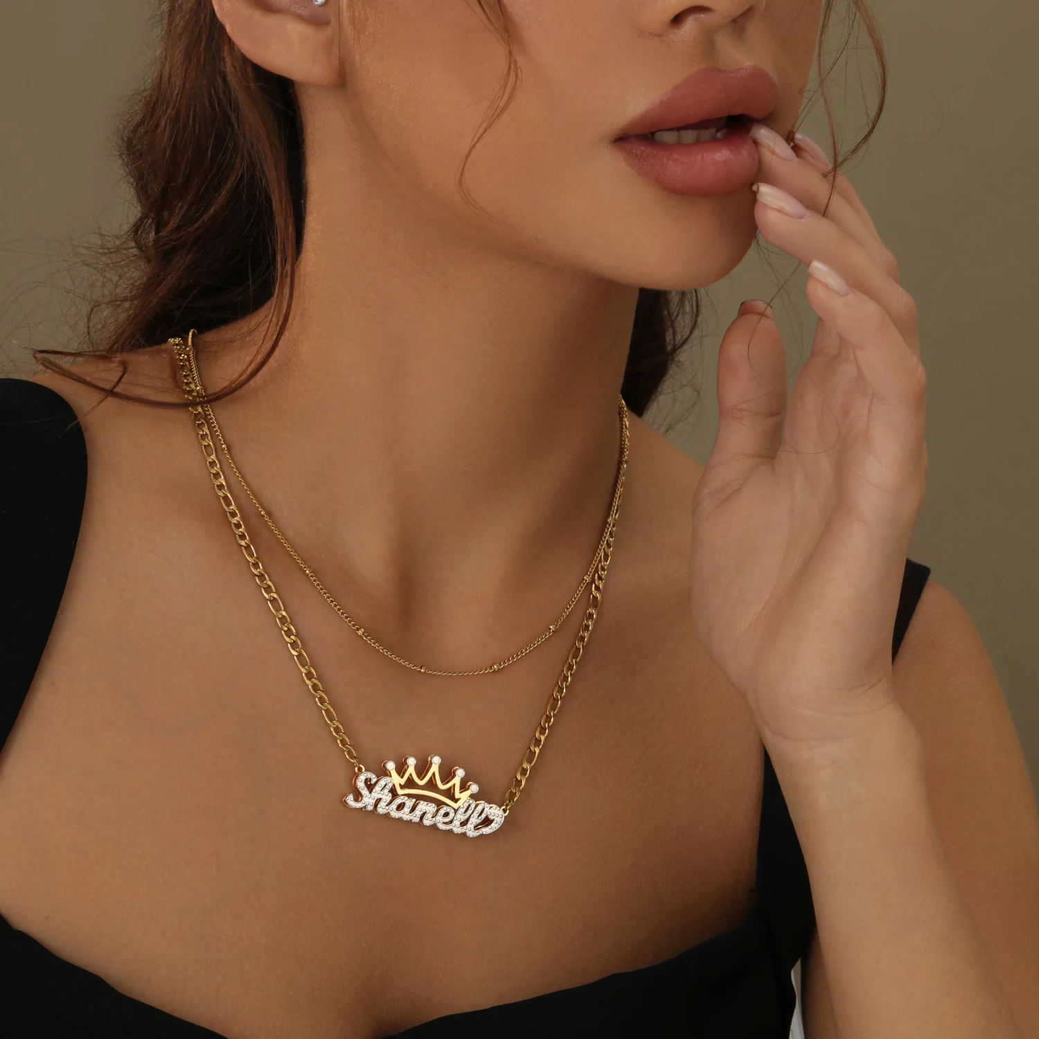 Kids Double Plated Crown Name Necklace w/ Figaro Chain - Image 3