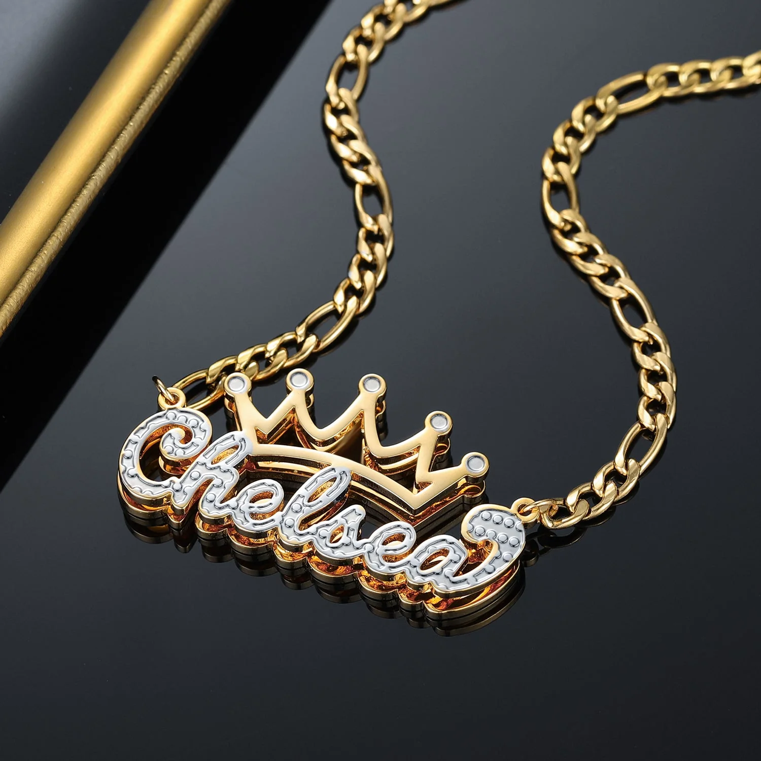 Kids Double Plated Crown Name Necklace w/ Figaro Chain - Image 4