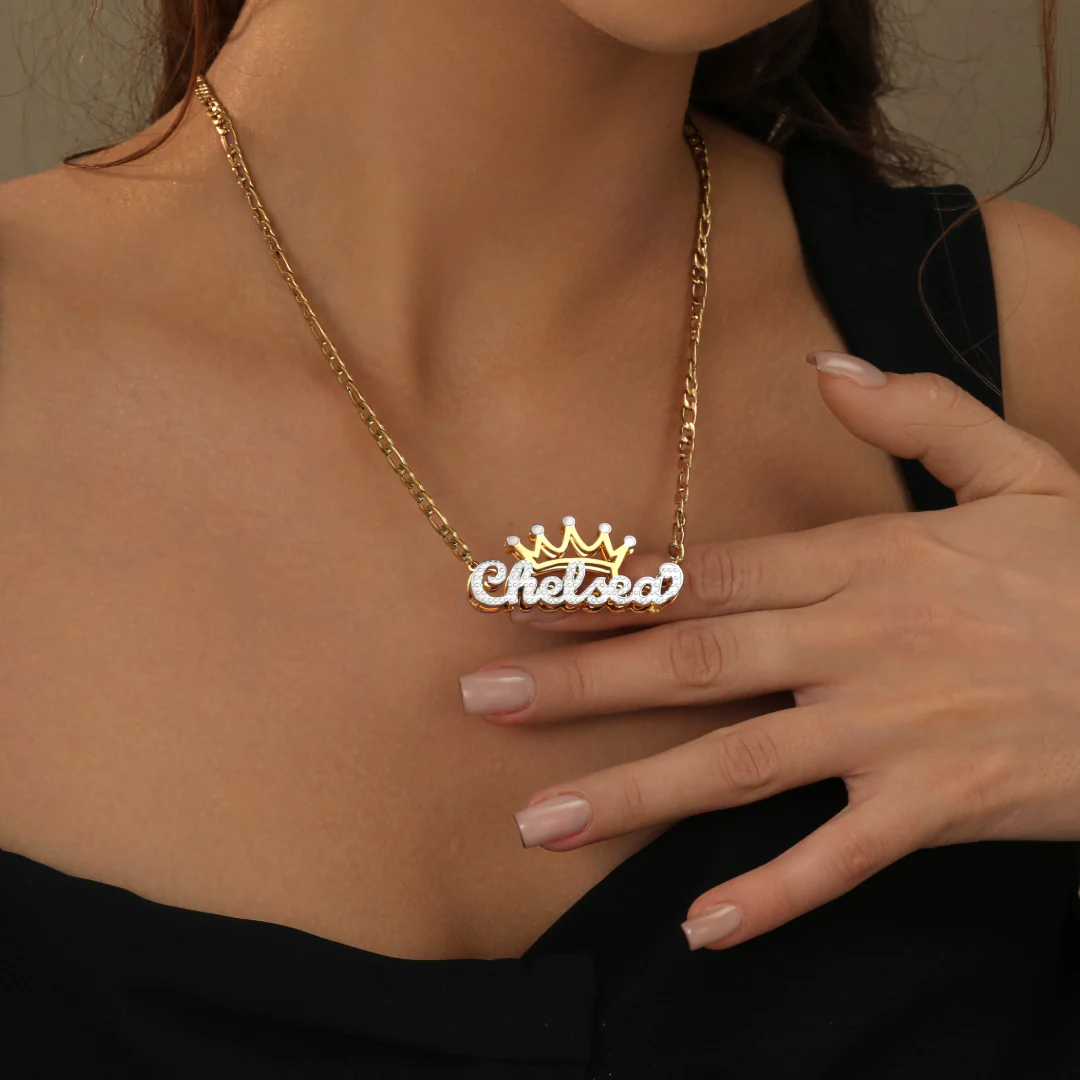 Kids Double Plated Crown Name Necklace w/ Figaro Chain - Image 5