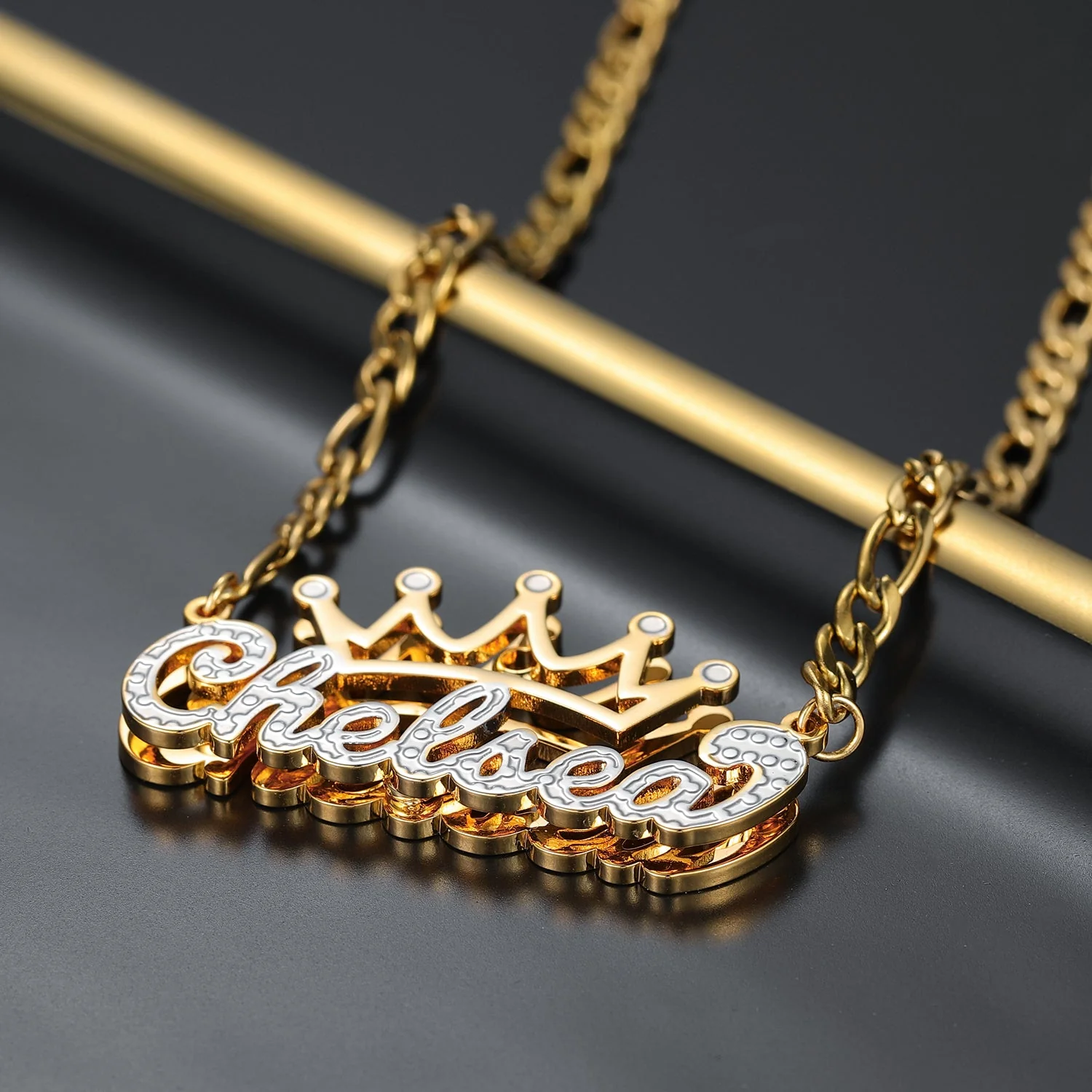 Kids Double Plated Crown Name Necklace w/ Figaro Chain - Image 7