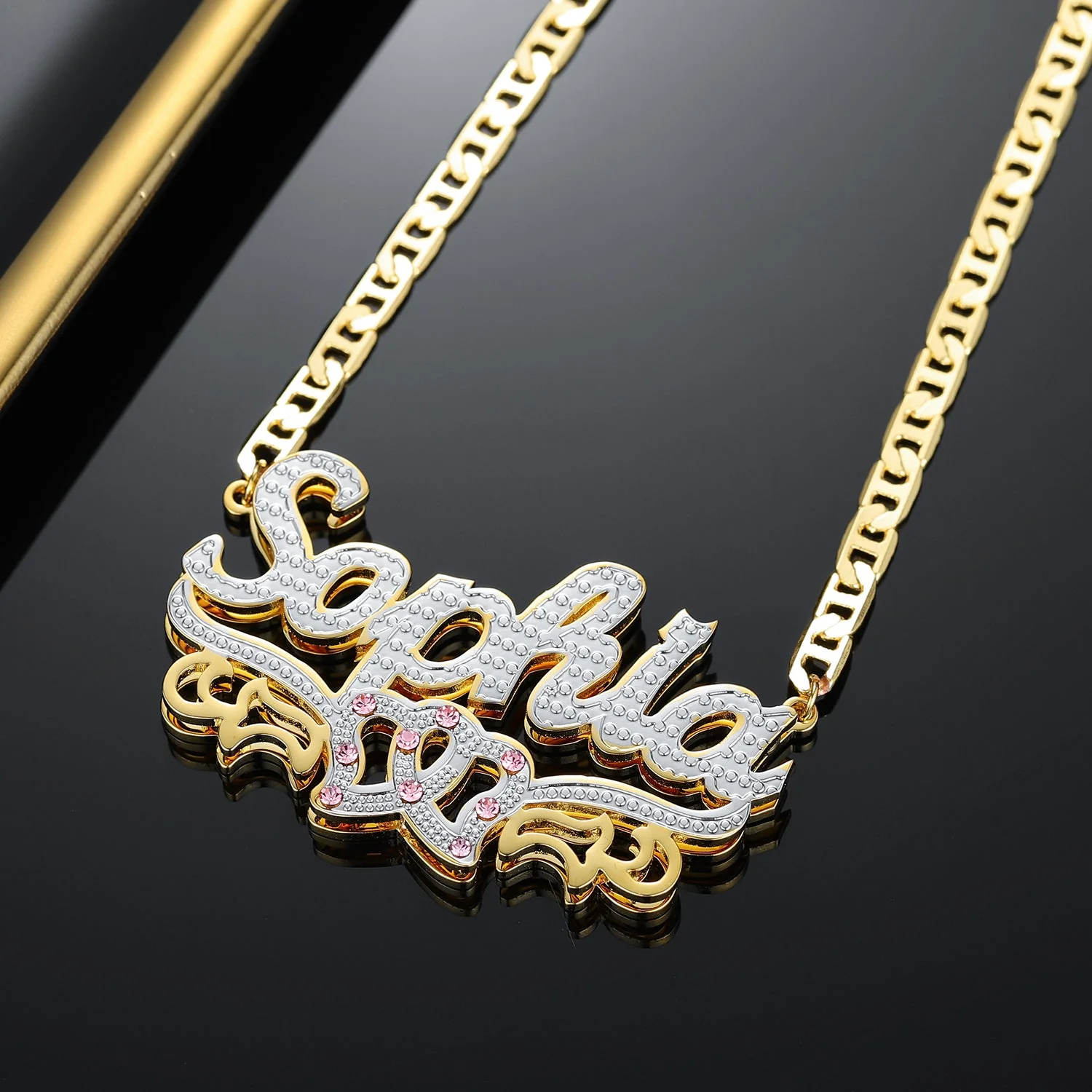 Kids Double Plated Double Heart Name Necklace w/ Clip Chain - Image 3