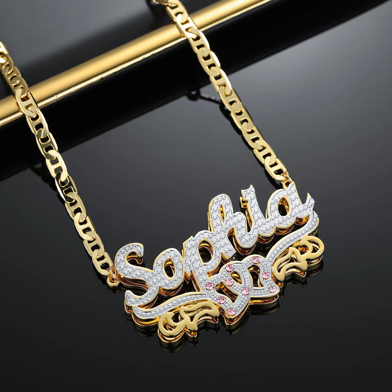 Kids Double Plated Double Heart Name Necklace w/ Clip Chain - Image 6