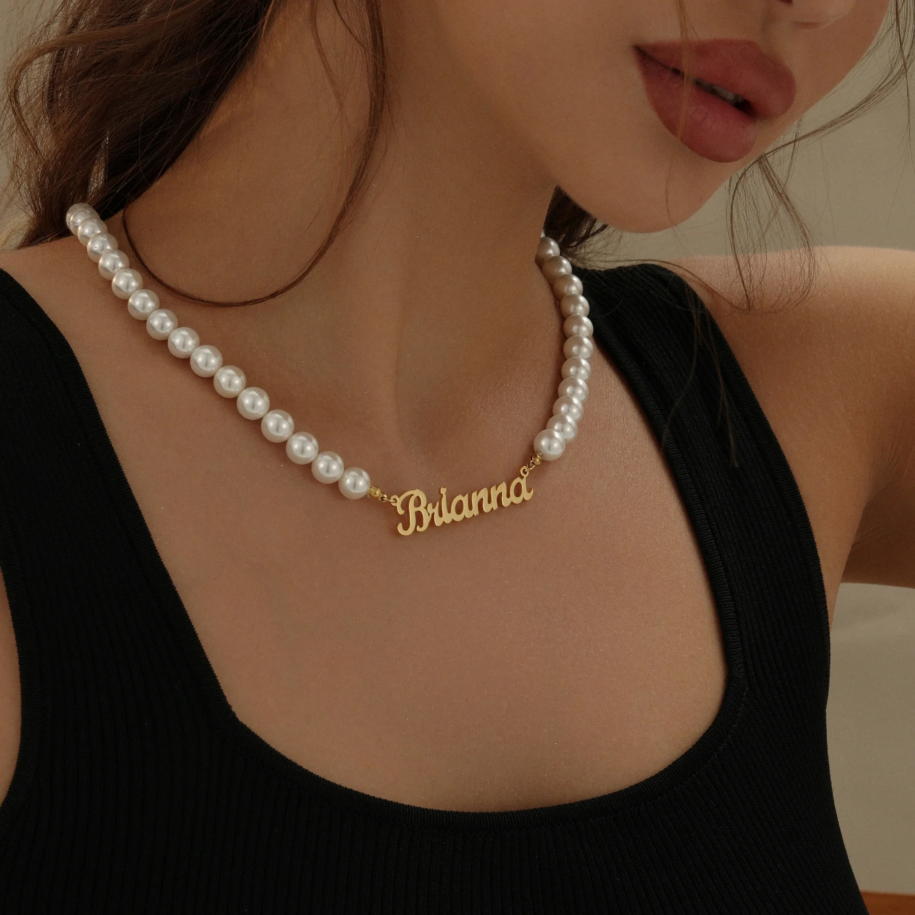 Custom Name Necklace w/ Pearl Chain - Image 2