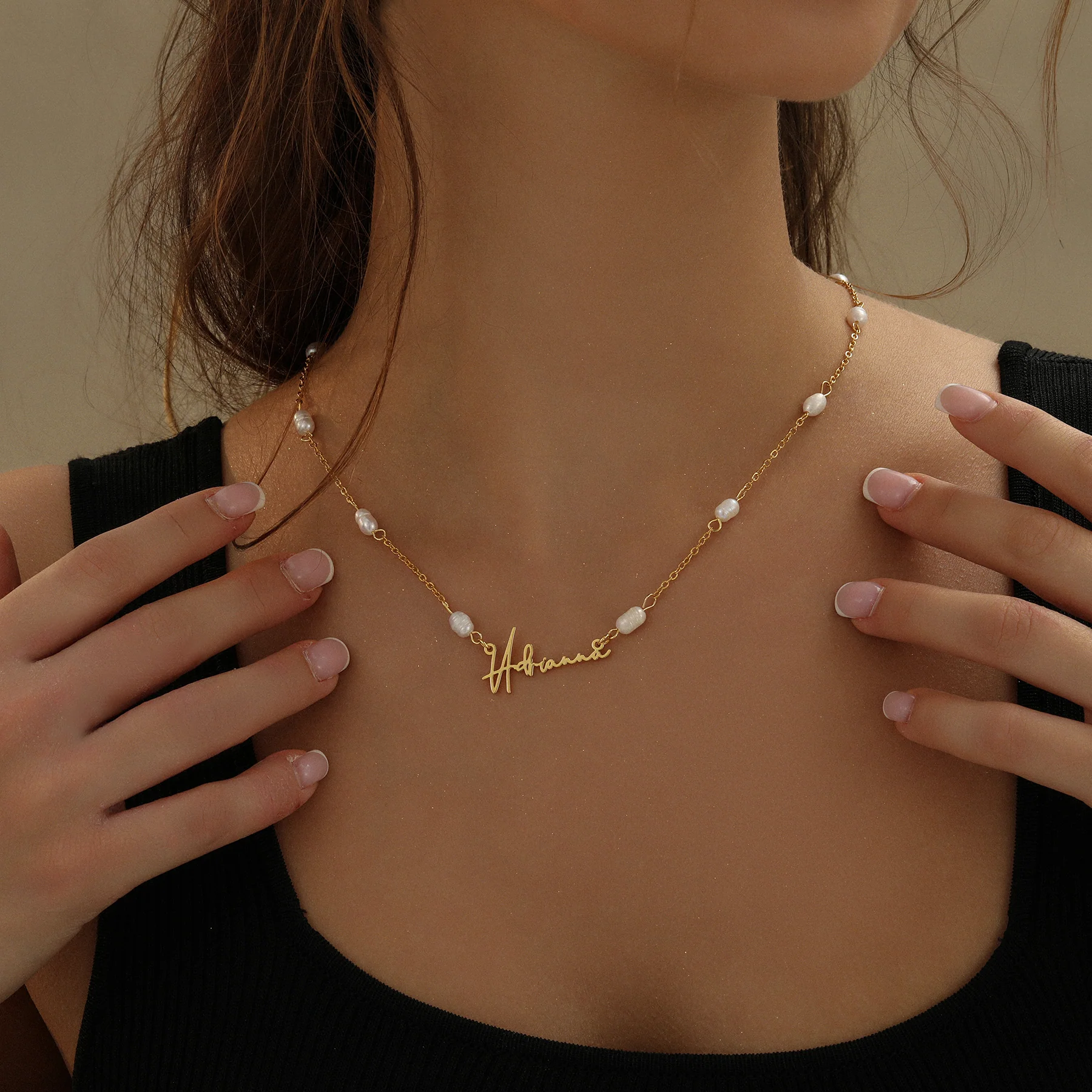 Script Name Necklace w/ Pearl Link Chain - Image 3