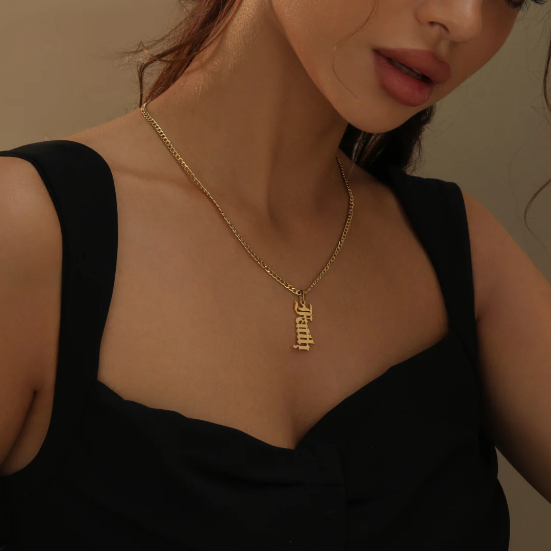 Vertical Gothic Name Necklace w/ Cuban Chain - Image 3